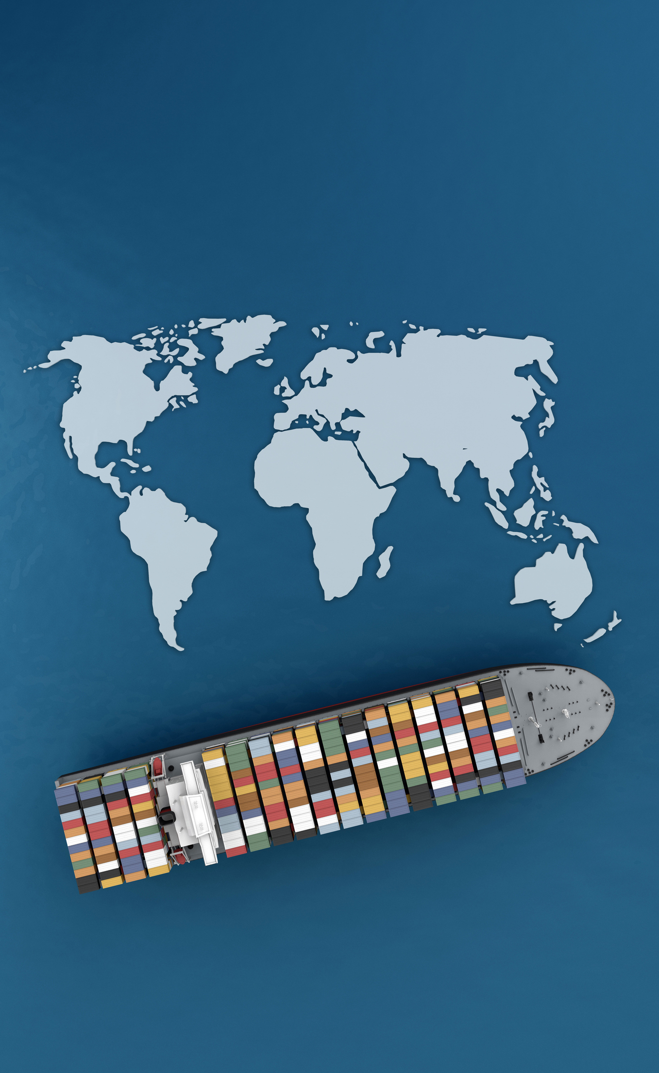 earth map mockup on container ship stay in the sea top view